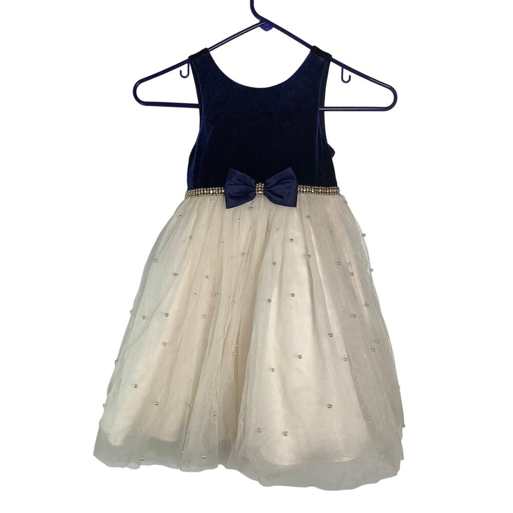 American Princess Girls 5 Blue Ivory Embellished Velvet Tulle Formal Dress O4-6